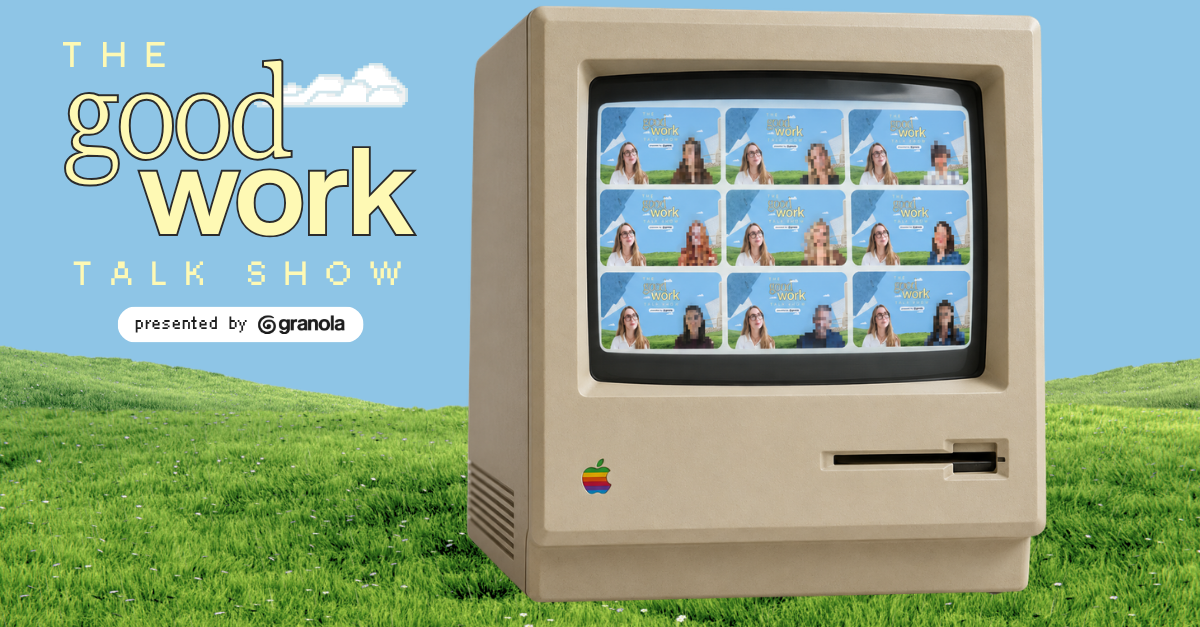 The Good Work Talk Show logo next to a vintage Macintosh computer showing episode thumbnails, on a grassy hill